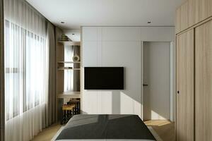 TV mounted With Smart TV next to Shelf and 3D rendering in front of Bed, 3D rendering photo