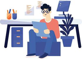 Hand Drawn A male character is sitting and reading a book in his office in flat style vector