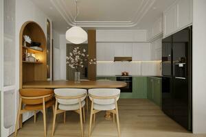 interior de minimalista abierto cocina con blanco y verde ava y de madera mueble siguiente a comida zona 3d representación foto