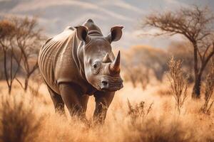 Rhino in nature wide life animals. AI Generated. photo