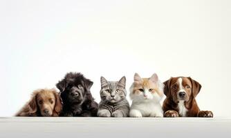 AI Generated Backdrop with pictures of cute pets, puppies and kittens sitting together on a white background. photo