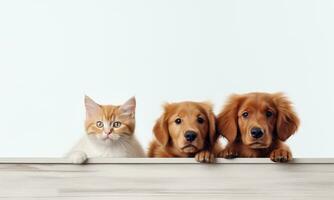 ai generado fondo con imágenes de linda mascotas, cachorros y gatitos sentado juntos en un blanco antecedentes. foto