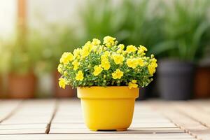 AI generated a yellow flower pot sitting on a wooden floor photo