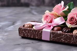 AI Generated Roses, pinks and chocolates on a marble background Valentine's Day gifts photo