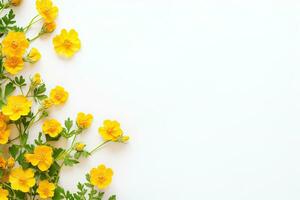 AI generated Flowers and bouquet of small yellow, orange, pink flowers on a white background in a minimalist style. photo