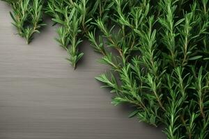 AI Generatedrosemary on wooden and marble background. Copy space for text. photo