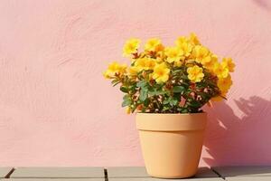 AI generated a yellow flower pot sitting on a wooden floor photo