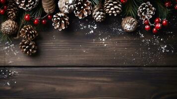 Christmas background with fir tree branches, pine cones and berries on wooden board photo