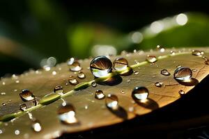 Water droplets on a leaf in the morning. Shallow depth of field photo