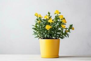 AI generated a yellow flower pot sitting on a wooden floor photo