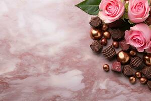 ai generado rosas, rosas y chocolates en un mármol antecedentes San Valentín día regalos foto