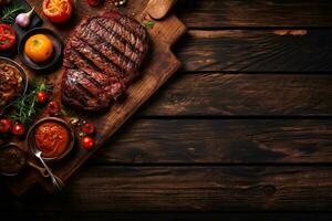 AI Generated advertising banner Juicy steak sits on a wooden tray with a vintage-style wooden plank backdrop. photo