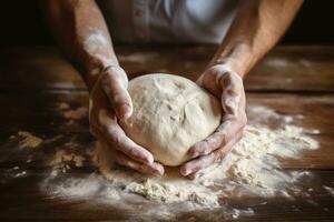 ai generado escena de el del chef manos amasadura un pan masa. foto