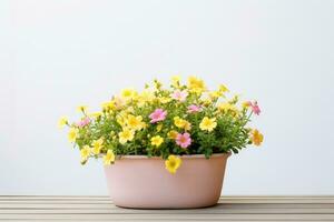 AI generated a yellow flower pot sitting on a wooden floor photo