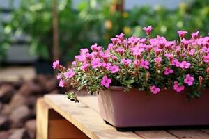 AI generated a small pink flower in a pot on a wooden table photo