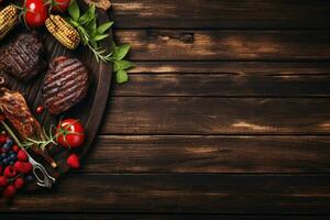 AI Generated advertising banner Juicy steak sits on a wooden tray with a vintage-style wooden plank backdrop. photo