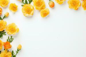 AI generated Flowers and bouquet of small yellow, orange, pink flowers on a white background in a minimalist style. photo