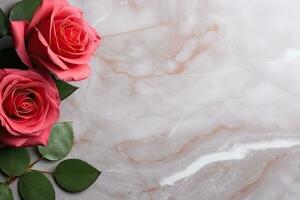 AI Generated valentine's day background image pink red rose and marble floor photo