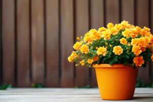 AI generated a yellow flower pot sitting on a wooden floor photo