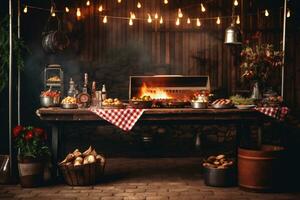 AI Generated A dining table with steak and barbecue and vegetables set against a backdrop of a vintage wooden wall is reminiscent of the countryside. photo