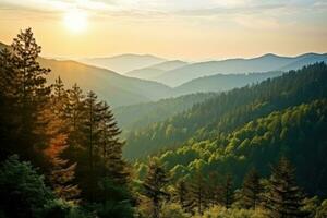 AI Generated Sunset or sunrise scene. Landscape. Mountain view in green pine forest. photo