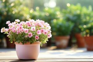 AI generated a small pink flower in a pot on a wooden table photo