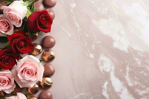 AI Generated Roses, pinks and chocolates on a marble background Valentine's Day gifts photo
