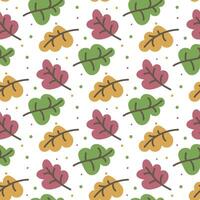 Pattern colorful cartoon autumn leaves falling on a white background. Autumn seamless texture for printing on textiles and paper. Children's ornament made of yellow, green, purple vector