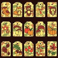 Vector illustration of a set of autumn tags and labels. Gift tags with autumn forest animals and nature. Paper printing for gifts with autumn motifs on a contrasting background. Pumpkins, hedgehog