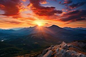 ai generado puesta de sol o amanecer escena. paisaje. montaña ver en verde pino bosque. foto