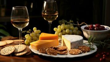 Cheese plate with grapes, crackers and wine on dark background photo