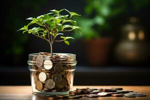 Investment concept, Coins stack with green plant growing out of it. photo