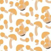 Vector seamless pattern with honey fungus on a white background. Seamless texture, hand-drawn cartoon group of small mushrooms. Design template for textiles, wallpaper, print honey fungus hat together