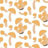 Vector seamless pattern with honey fungus on a white background. Seamless texture, hand-drawn cartoon group of small mushrooms. Design template for textiles, wallpaper, print honey fungus hat together