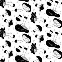 Vector linear seamless pattern with mushrooms and decor. A hand-drawn texture with small and large flat mushrooms highlighted on a white background. Botanical illustration of natural elements. forest