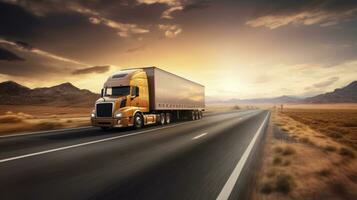 Big truck on the highway at sunset pulling load. Semi truck transporting commercial cargo in semi trailer. photo