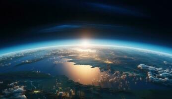 Aerial view of planet Earth with clouds from space. View of sunrise as seen from Earth's orbit photo