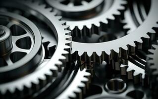 Close-up of metallic gears. Detail gear wheels. Modern technology background photo