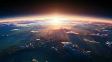 Aerial view of planet Earth with clouds from space. View of sunrise as seen from Earth's orbit photo