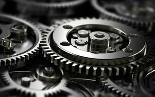 Close-up of metallic gears. Detail gear wheels. Modern technology background photo