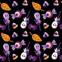 Halloween candy, lollipops in the shaped eye, ghost on black background. Childish print. Seamless pattern vector