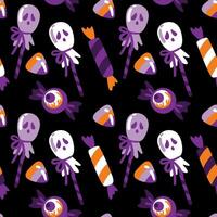Halloween candy, lollipops in the shaped eye, ghost on black background. Childish print. Seamless pattern. vector