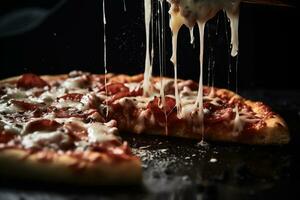 Pizza with mozzarella cheese and tomato on a black background photo