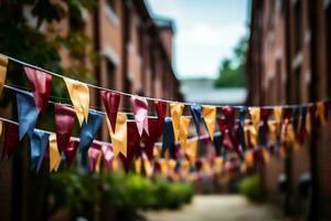 Colorful flags on a rope in the street photo