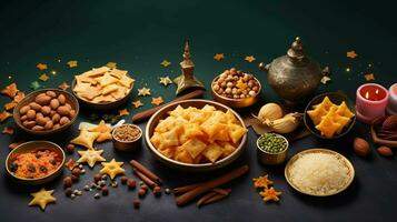 Minimalist Diwali Feast. A tasteful flat lay of festive foods and snacks for a happy celebration photo