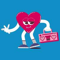 linda corazón personaje con antiguo cinta grabadora. vector ilustración de un corazón mascota en retro dibujos animados estilo. concepto para San Valentín día.