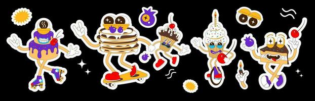 Set of stickers with sweets. Sweets characters in retro cartoon style. Vector illustration of cake, cupcake, piece of cake, pancakes.
