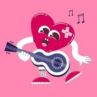 Cute heart character with guitar. Vector illustration of a heart mascot in retro cartoon style. Concept for Valentine's Day.