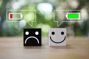 Happy and angry face on wood block with battery icon in message icon, happy workplace photo
