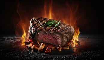 grilled beef fillet steaks with herbs and spices on dark background. photo